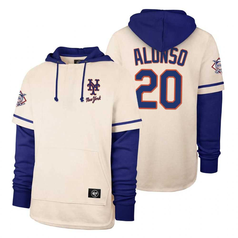Men New York Mets 20 Alonso Cream 2021 Pullover Hoodie MLB Jersey